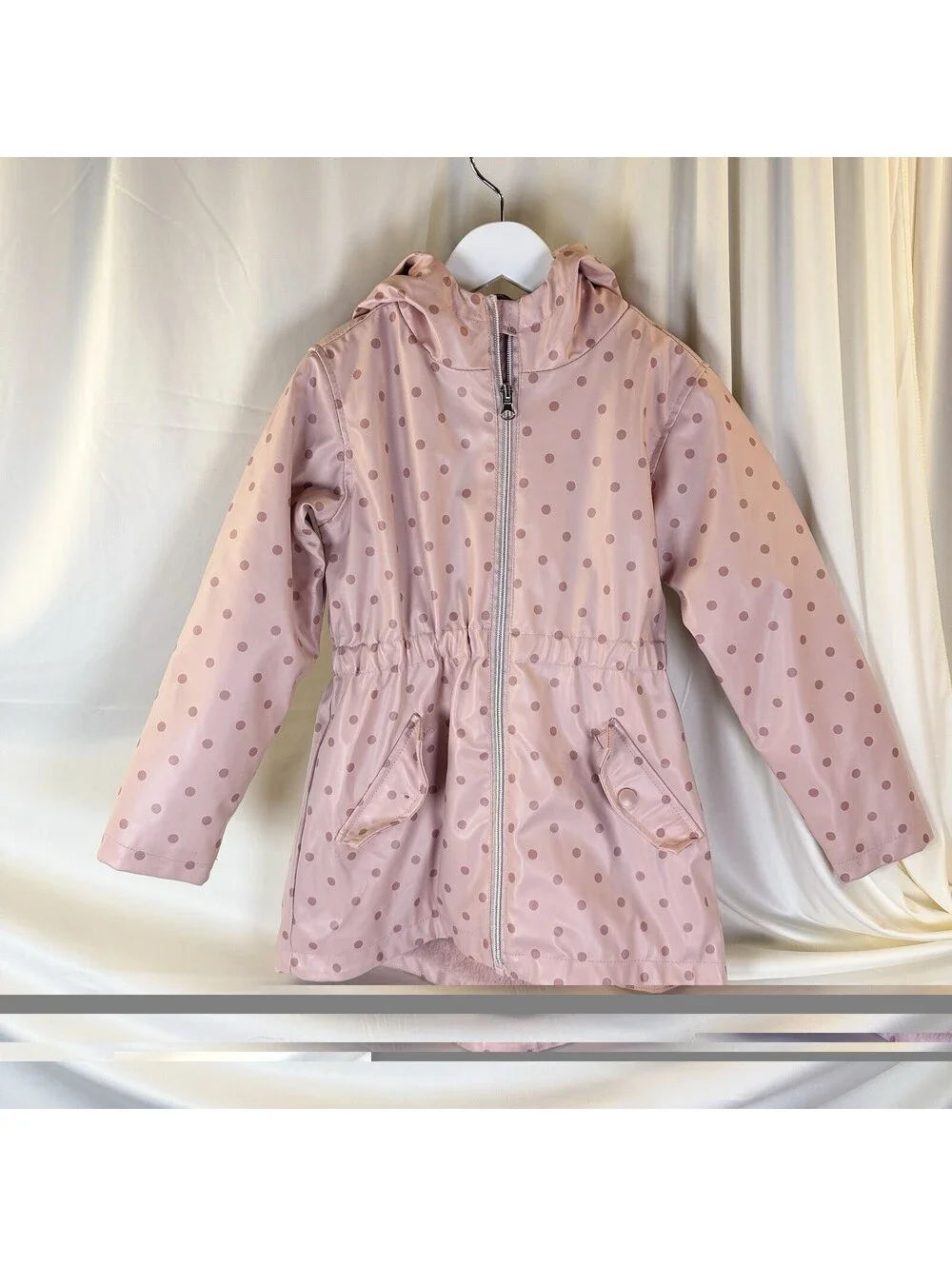 C & C California Girls Pink Rain Jacket Hooded Coat Polka Dot Faux Fur Lined 5
